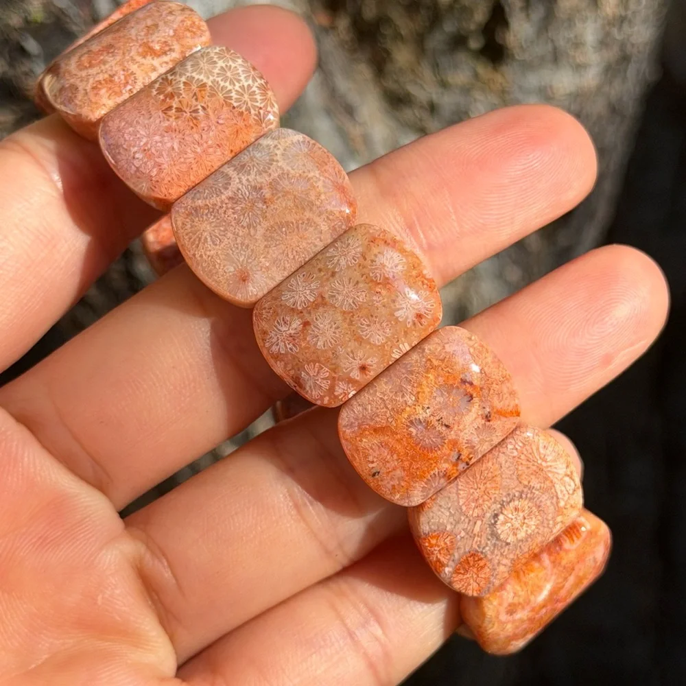 Stretchable red fossilized coral‎ soft bangle 0699